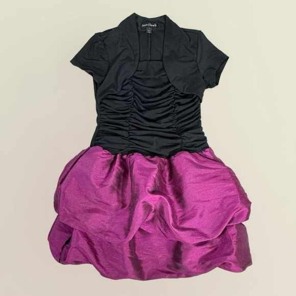 Secret Charm Girl’s Black Purple Ruched Ballon Dress - Picture 1 of 5